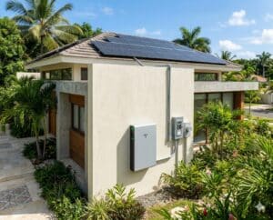 Fotografía realista de una batería Tesla Powerwall 3 instalada en el exterior de una residencia moderna con paneles solares en el techo, rodeada de exuberante vegetación tropical bajo un cielo soleado.