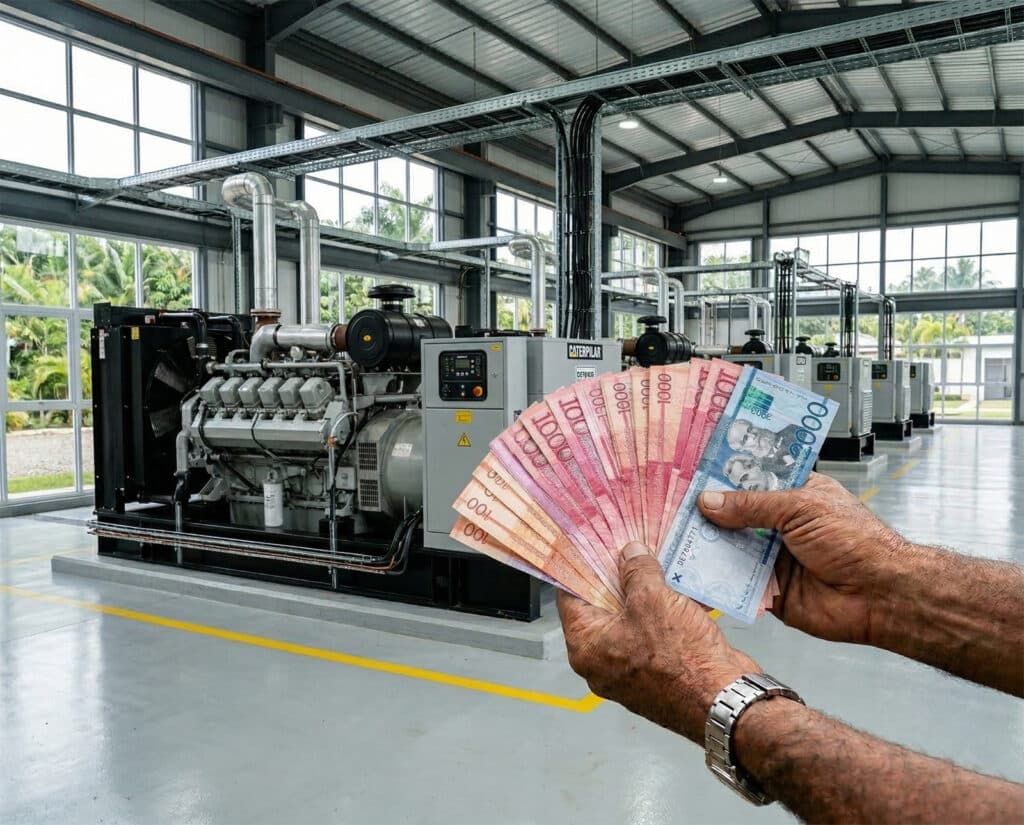 Un primer plano de las manos de un hombre mayor con un reloj de pulsera metálico, emergiendo desde la esquina inferior derecha. Las manos están frotando un fajo de billetes de pesos dominicanos (DOP) auténticos del cono monetario actual, presentados en el diseño correcto como se muestra en image_21.png. El fajo se abre como un abanico para mostrar los billetes clave: el billete frontal es el de Dos Mil Pesos ($2000$ BCRD), en su color azul/cian, seguido de billetes de Mil Pesos ($1000$ BCRD) en color rojo/salmón, Quinientos Pesos ($500$ BCRD) en color verde/turquesa y Doscientos Pesos ($200$ BCRD) en color rosa/fucsia. El fondo, nítido y bien iluminado, muestra el interior de una sala de máquinas moderna y limpia, con múltiples unidades de planta eléctrica de gasoil industrial (tipo Caterpillar, con control panels visibles) alineadas profesionalmente sobre un suelo de cemento limpio con marcas amarillas de seguridad. Lush tropical vegetación y grandes ventanas se aprecian en el fondo.