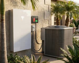 Instalación residencial exterior que muestra una batería de pared blanca Tesla Powerwall 3 con su logo 'T' iluminado, montada en un muro de piedra texturizado. A su derecha, un gran condensador de aire acondicionado central de 5 toneladas está en el suelo. Un monitor de energía montado en la pared entre ellos muestra un gráfico de barras dinámico que visualiza las cargas de arranque y funcionamiento de energía. El entorno es un patio soleado con palmeras y plantas.