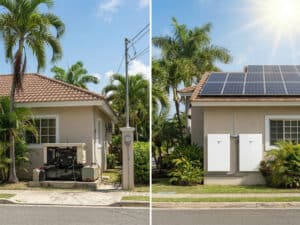 Imagen dividida que muestra una casa con un generador tradicional de gasoil a la izquierda, y a la derecha, una casa con paneles solares y dos baterías Tesla Powerwall 3 en la pared exterior.