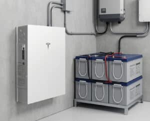 Comparación visual de sistemas de almacenamiento de energía residencial en un cuarto de servicios de hormigón. A la izquierda, un moderno sistema de almacenamiento de energía Tesla Powerwall 3 blanco, elegante y montado en la pared, con el logotipo de Tesla y cables de conducto. A la derecha, un banco de baterías modular compuesto por seis grandes baterías de gel industriales de color gris y azul oscuro, apiladas en un estante metálico y cableadas en serie-paralelo con gruesos cables de puente rojos y negros, con la marca quitada de las baterías. Un inversor solar montado en la pared se ve arriba a la derecha. La imagen ilustra el contraste entre un sistema integrado y un banco de baterías modular.