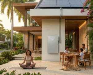 Fotografía realista del patio exterior de una residencia moderna equipada con paneles solares y una batería Tesla Powerwall 3 instalada en la pared. Una mujer medita tranquilamente mientras su familia cena al aire libre junto a su perro, rodeados de vegetación tropical bajo una luz cálida. La escena transmite paz, silencio y autonomía energética.