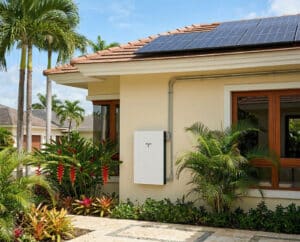 Fotografía realista de un sistema de almacenamiento Tesla Powerwall 3 instalado en el exterior de una residencia moderna con paneles solares en el techo, integrado en un entorno de exuberante vegetación tropical bajo un cielo despejado.