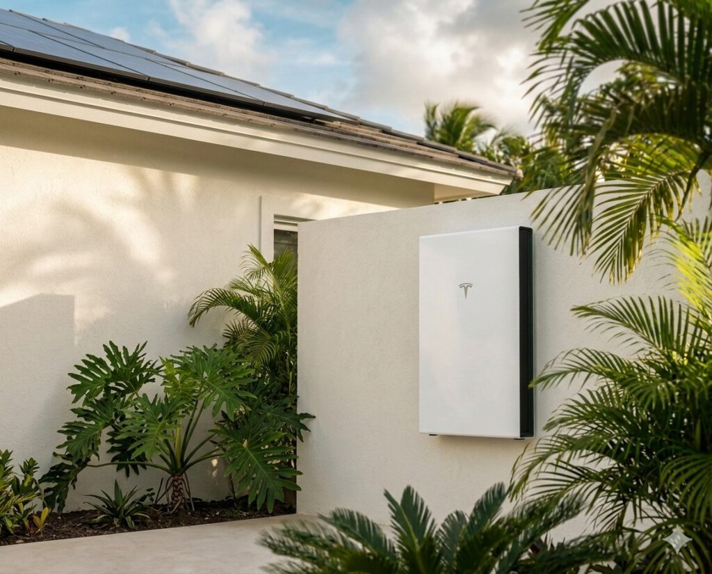 Tesla Powerwall 3 instalada en una residencia moderna con arquitectura caribeña y paneles solares, rodeada de vegetación tropical.