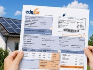 Una persona sostiene con ambas manos una factura eléctrica en primer plano frente a una vivienda con paneles solares instalados en el techo. La escena está iluminada por la luz del día, con cielo azul y algunas nubes al fondo. La factura ocupa la mayor parte de la imagen y muestra múltiples secciones detalladas, incluyendo datos del contrato, lecturas de consumo, cálculos de facturación y un apartado relacionado con la inyección de energía a la red y excedentes de energía. La casa y los paneles solares aparecen desenfocados en segundo plano, reforzando el contexto de generación solar residencial. La composición transmite la idea de revisar y comprender una factura eléctrica después de instalar un sistema fotovoltaico conectado a la red.