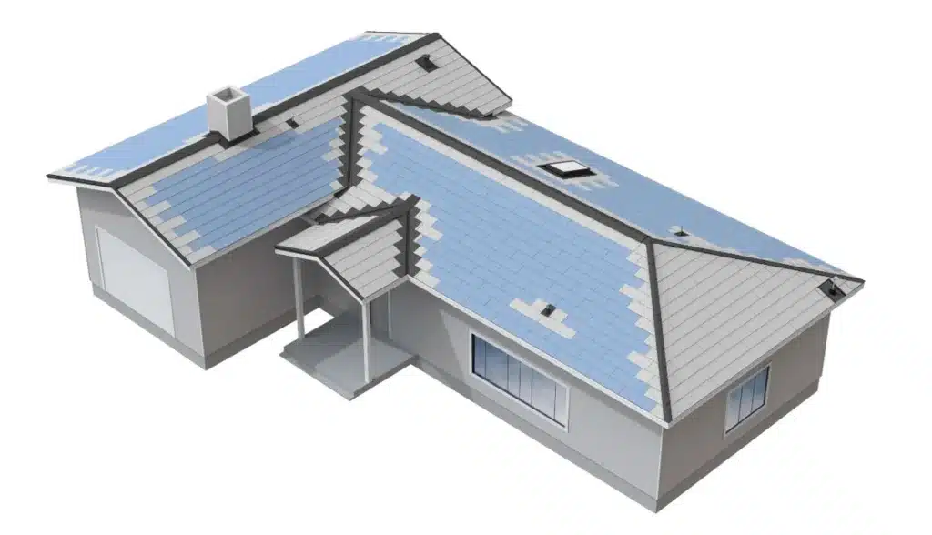 Tesla Solar Roof en República Dominicana 11 Vista técnica de la distribución de tejas fotovoltaicas y áreas no fotovoltaicas de Tesla Solar Roof sobre una cubierta residencial